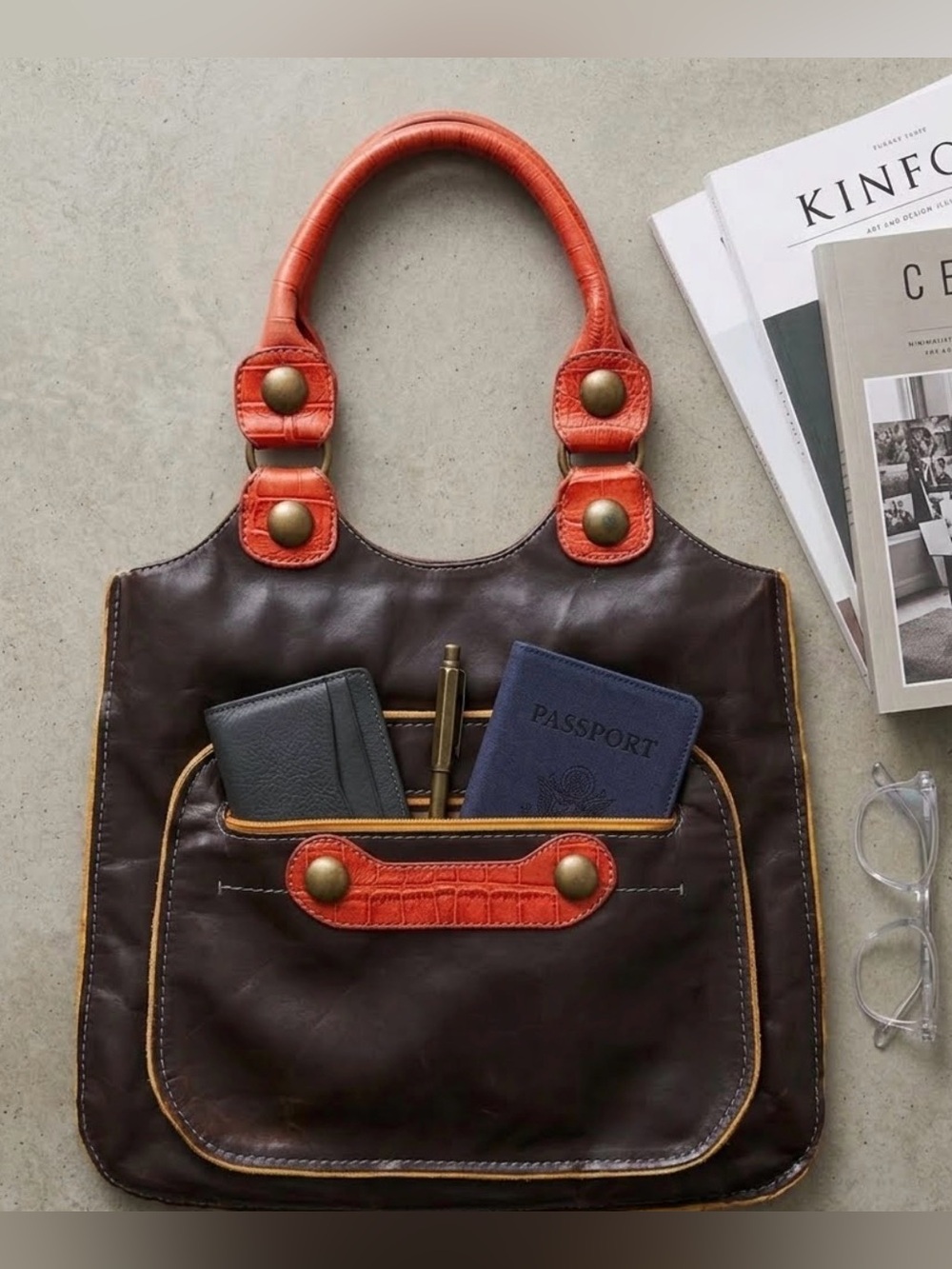 Women’s Brown Leather Tote with Orange Accent Handles - Picture 1 of 7